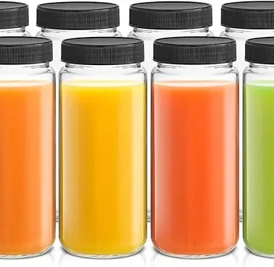 JoyJolt 16oz Glass Juice Bottles with Caps – Set of 8
