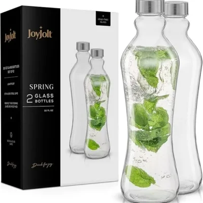 JoyJolt 2-Pack 32oz Glass Water Bottles with Lids